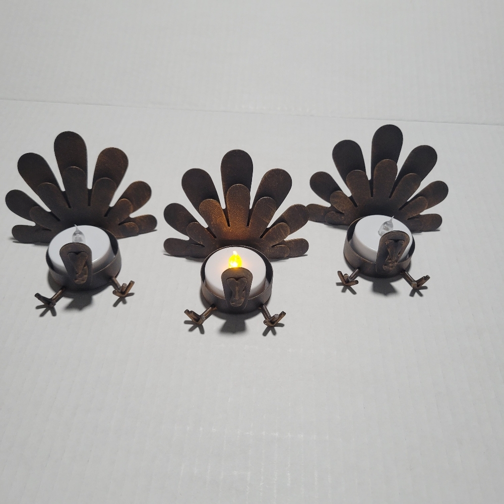 Set of 3 Tin Turkey Tea Lights Candle holder Metal Rustic Thanksgiving Farmhouse